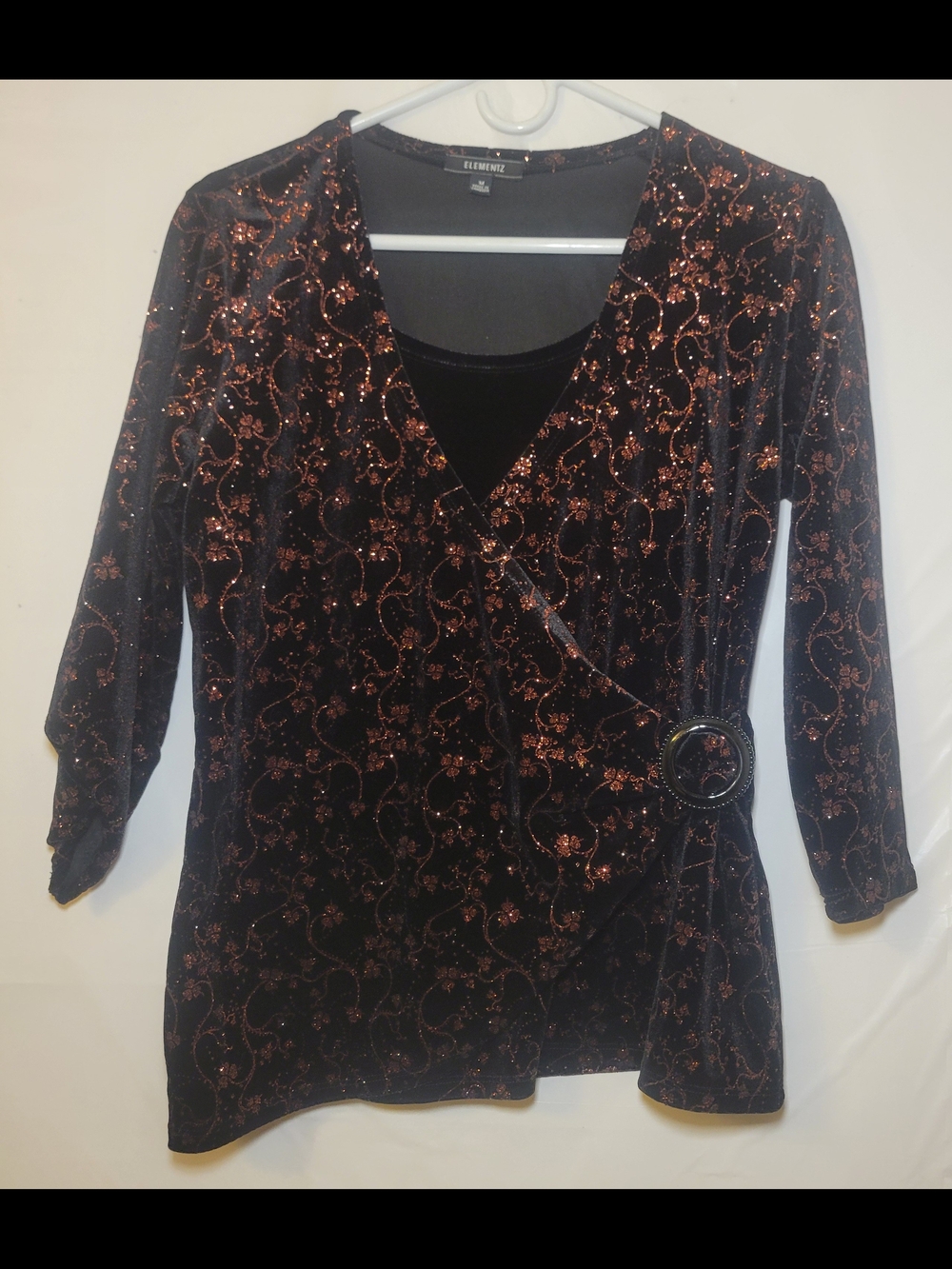 Elementz Black Velvet Wrap Top with Copper Glitter Swirls
